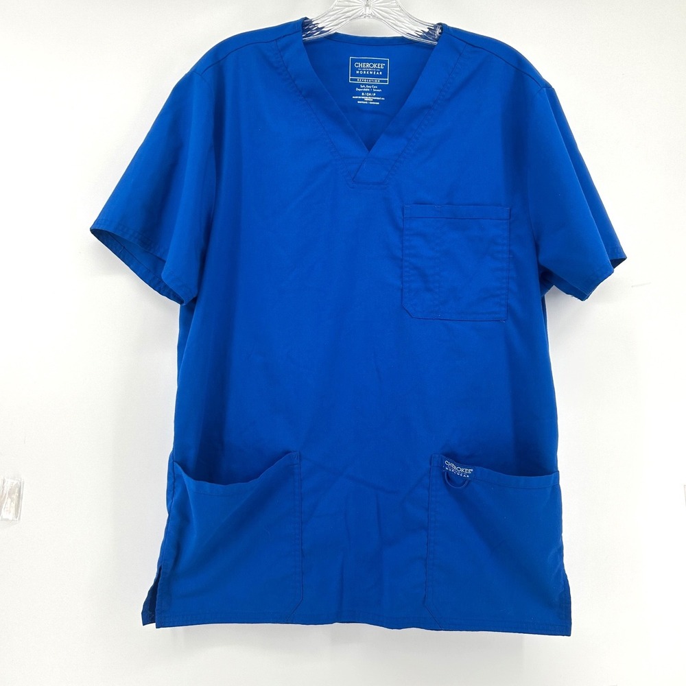 Cherokee Workwear Revolution Scrub Top Royal Blue V-Neck Unisex Small